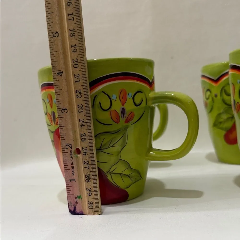 Pier 1 Pasilla Mug Set 4 Green Yellow Pepper Theme 3 1/2 In Round 4 1/4 In Tall